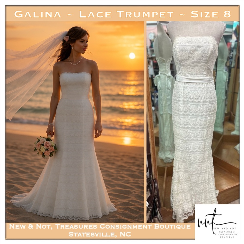 David's Bridal Galina Bohemian Strapless Wedding Dress Sz 8 Ivory  Trumpet Gown